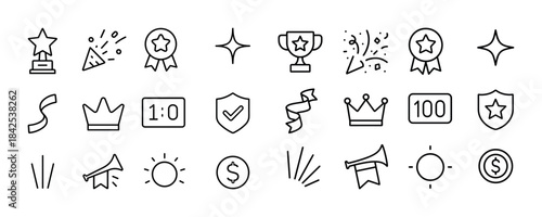 Set of award and celebration icons featuring stars, trophies, cr
