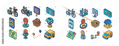 Isometric bike rental service icons with maps, helmets, and bicy