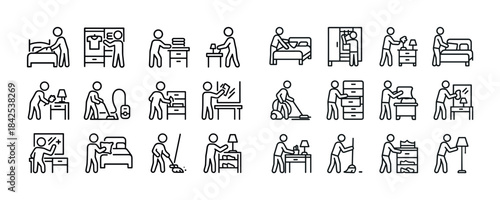 Stick figure chores icon set: household tasks and activities