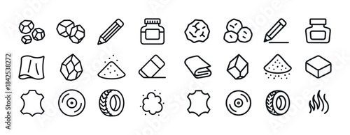 Art and craft objects: pencil, ink, eraser, fabric, gem, sand, l