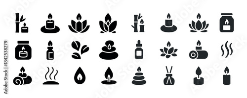 Collection of black spa icons illustrating candles and essential