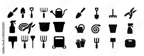 Silhouette set of gardening tools and equipment icons