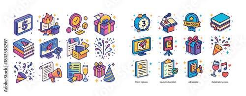 Colorful celebration and office icons illustrating business conc
