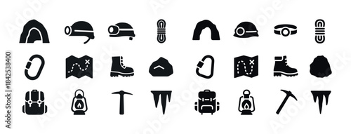 Set of black silhouette icons for hiking and climbing equipment