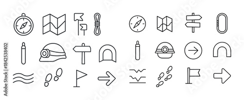 Adventure icons set: compass, map, helmet, hiking gear, navigati