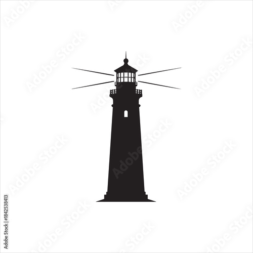 A stark black silhouette vector graphic of a tall lighthouse with beams of light emanating from the lamp room