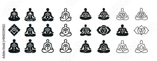 Set of meditation symbol icons with third eye and chakras