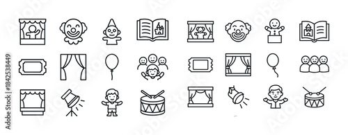 Circus icons: clown, tent, balloon, drum, ticket, child performe