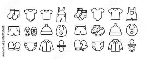 Baby clothes and accessories line art set: onesies, mittens, hat