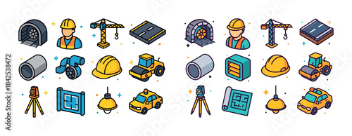 Colorful construction icons including tools, vehicles, and safet