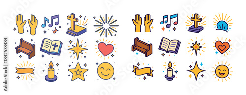 Colorful christian symbols and icons including cross, bible, can