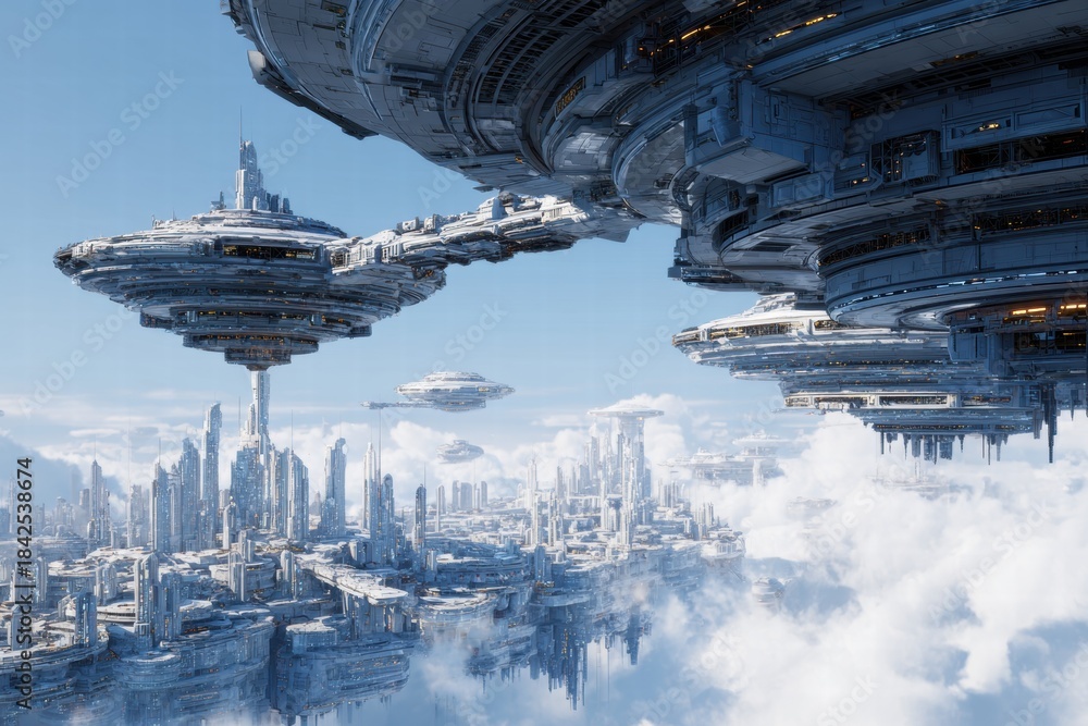 Fototapeta premium Futuristic metropolis with grand platforms and buildings floating amidst a serene sky with a light cloud cover and other flying vehicles.