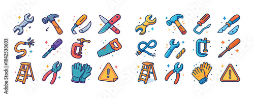 Colorful cartoon hand tools collection with safety icons