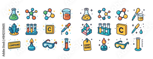 Colorful chemistry icons set with lab equipment and molecules