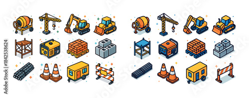 Colorful construction equipment and tools illustrations set