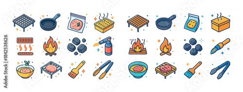 Colorful icons of grilling equipment and food preparation essent