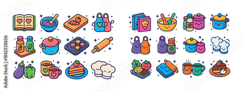 Colorful kawaii kitchen items and cooking utensils collection