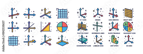 Colorful vector illustrations of graphs, axis arrows, and geomet