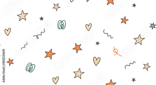 A cute seamless pattern featuring hand drawn stars, hearts, and confetti doodles