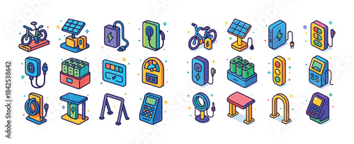 Electric vehicle charging stations and equipment icons in colorf