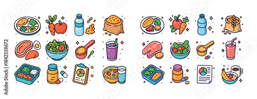 Colorful healthy food and nutrition icons set with fruits, veget