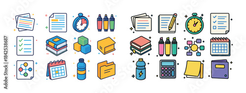 Colorful icon set of office and stationery supplies