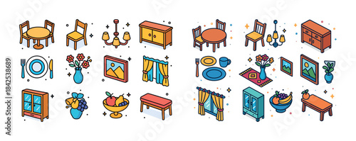Colorful isometric furniture set with tables, chairs, and home d