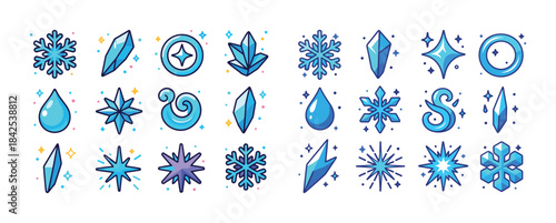Collection of blue ice and water themed icons with snowflakes an