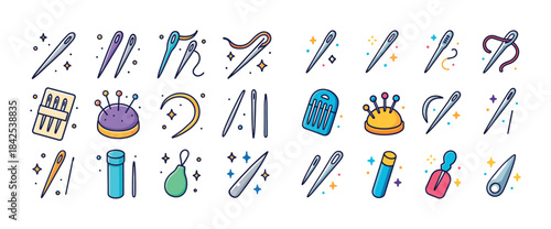 Colorful sewing tools and accessories including needles, thread,
