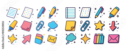 Colorful office and stationery icons collection