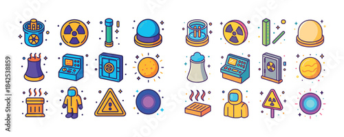 Colorful nuclear energy icons set with symbolic elements and haz