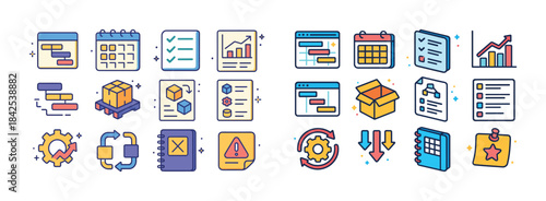 Colorful business and productivity icons set featuring charts, p