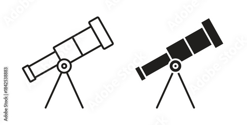 Telescope icon in line design and solid black and white colors for designs