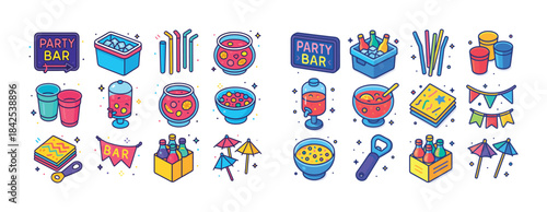 Colorful party icon set with drinks, snacks, and decorations