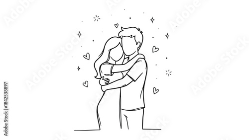 Embracing Hearts: A tender sketch captures a couple in a heartfelt embrace, surrounded by symbols of affection, perfect for representing love, warmth, and connection.