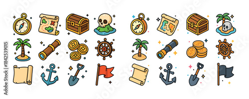 Colorful pirate adventure icons: treasure maps, compasses, chest