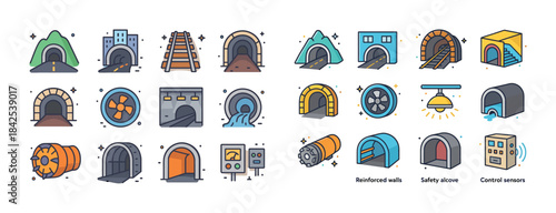 Colorful tunnel icons set: transportation, construction, infrast