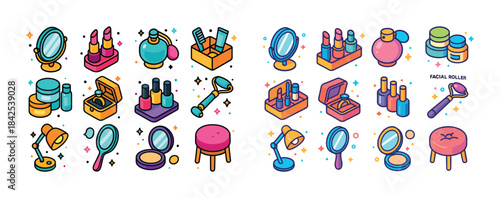 Colorful cosmetic and beauty tools collection with makeup items