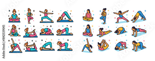 Colorful yoga poses illustration: diverse women practicing vario