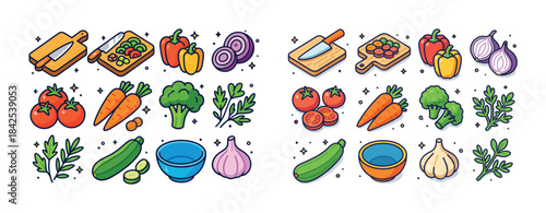Colorful cartoon vegetables and kitchenware illustrations