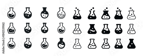 Set of laboratory flask icons with bubbles in black and white va