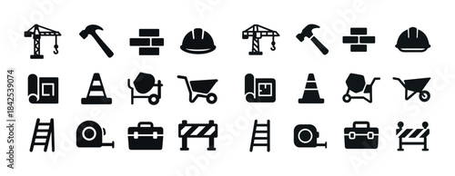 Construction tools and equipment icons: crane, hammer, helmet, w
