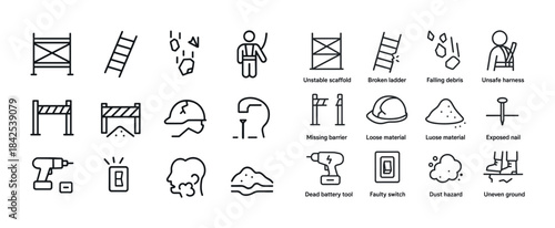 Construction safety hazards: tools, debris, and equipment icons