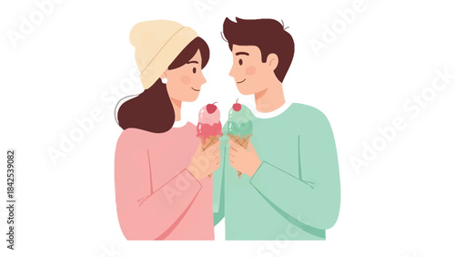 Sweet Bonds and Sweet Treats: A tender moment unfolds as a couple, bathed in the soft glow of affection, share the simple pleasure of ice cream.