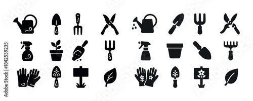Garden tools collection: icons of watering can, shovel, pruning