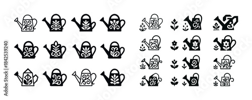 Collection of decorative watering can icons with floral patterns