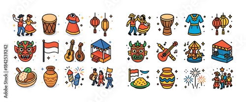 Colorful festival icons featuring music, dance, food, and cultur