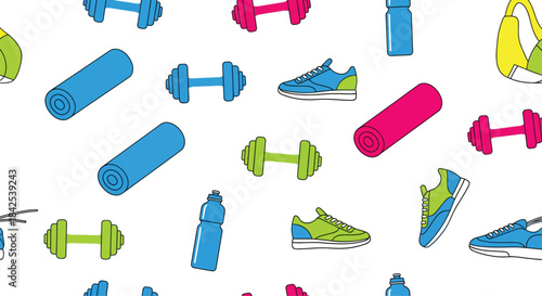 A vibrant seamless pattern featuring essential gym and fitness accessories