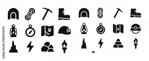 Set of camping and hiking icons including tent boot pickaxe and