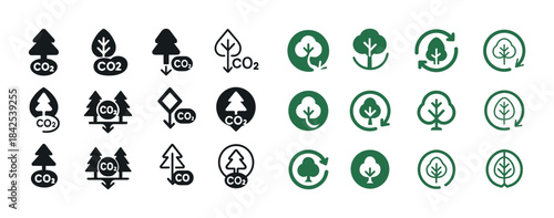 Carbon reduction icon set: trees, co2, arrows, eco symbols